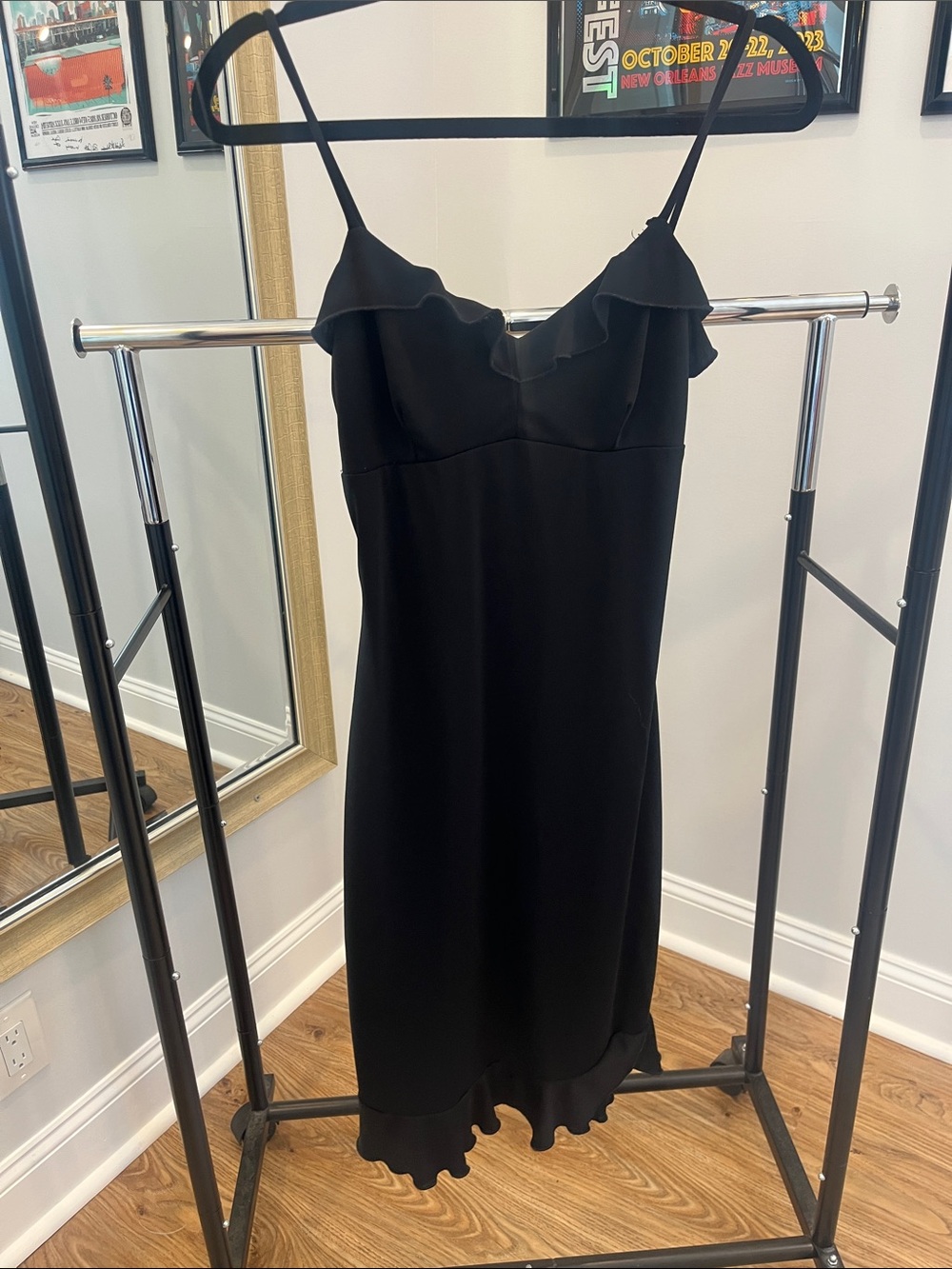 90’s Black Slip Dress with Ruffle Trim